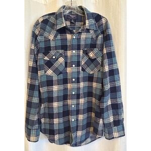 VTG Williams Bay Blue Plaid Flannel Mens Pearl Snap Shirt Size Medium Tall
